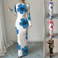Womens Printed Slim-Fit Long-Sleeve Dress