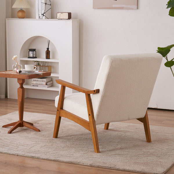 Armrests In Solid Wood, Upholstered, Teddy Velvet, Off-white, Interior Lounge Chair