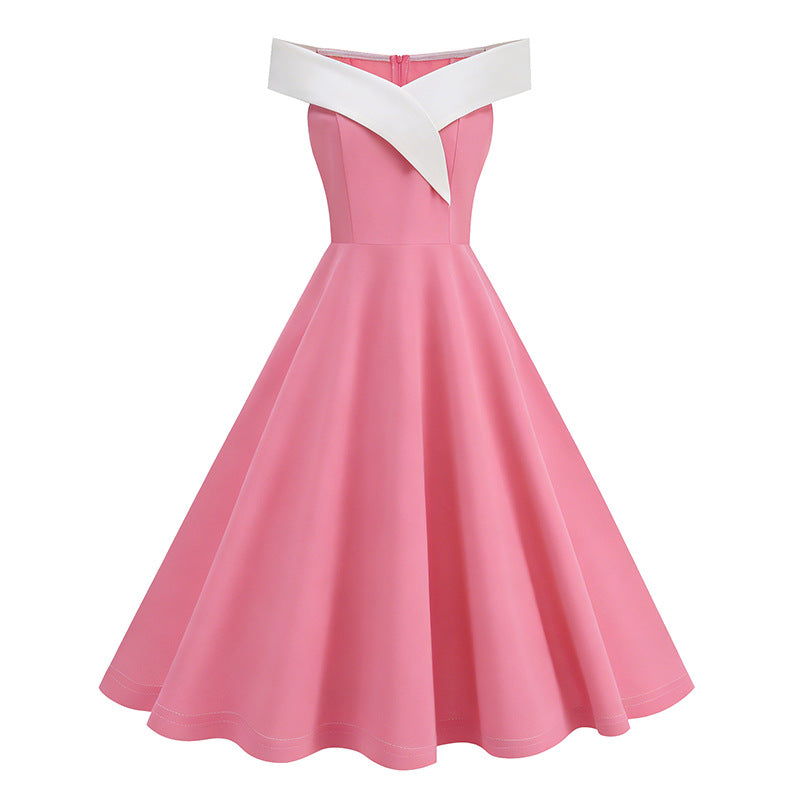 Womens Retro Off-the-Shoulder Sleeveless Contrast-Color Formal Dress