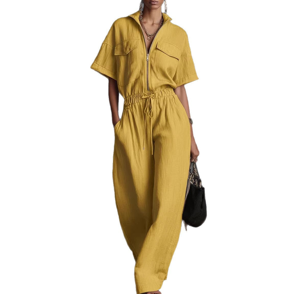 Stand-up Collar Sleeveless Casual Loose-fit Cotton-linen Jumpsuit