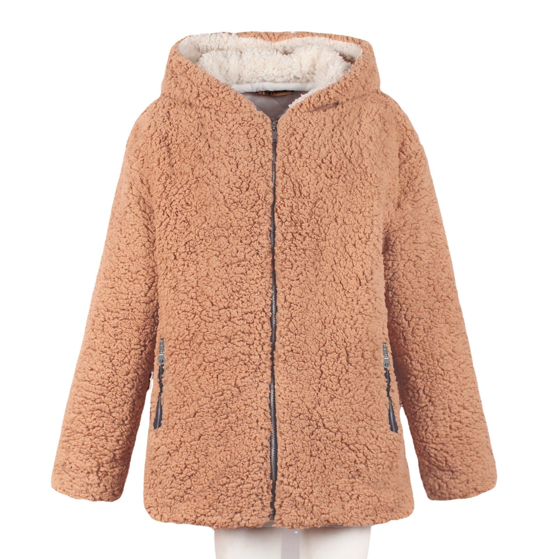 Women's European And American Contrast Color Plush Hooded Jacket