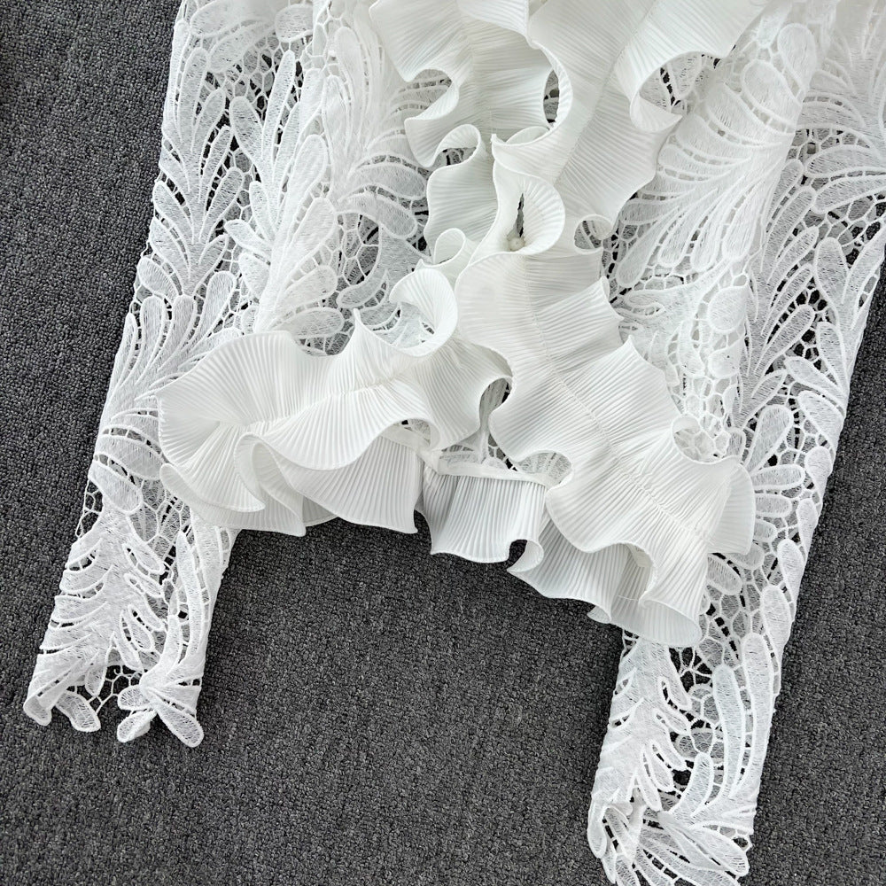 Retro Temperament V-neck Ruffled Lace Top