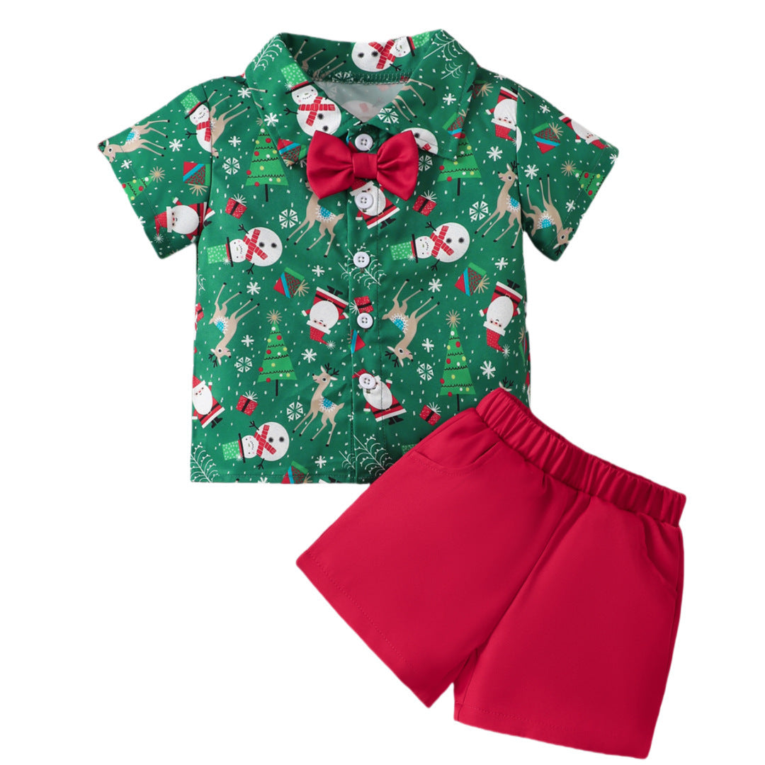 Ensemble deux pièces pour garçon, petit et moyen, avec chemise à manches courtes et short imprimés de Noël