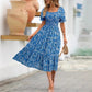 Printed Square Collar Waist-tight Puff Sleeve Layered Dress