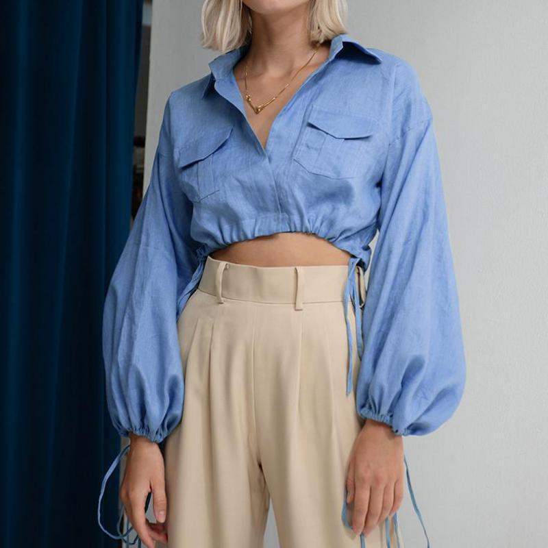 Pleated Waist Lantern Long-sleeved Lace Crop Top