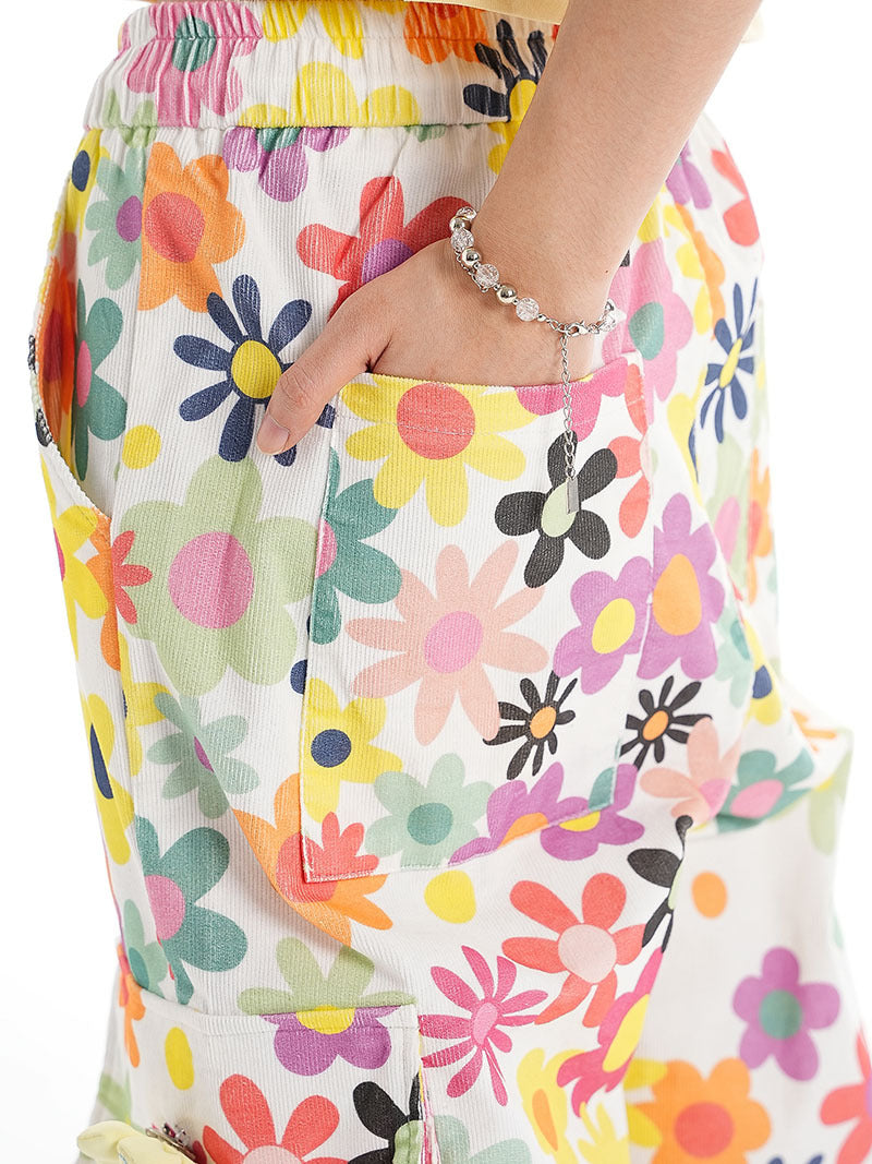 Harajuku Street Sweet Cool Style Flowers Full Printed Leisure Wide-leg Casual Pants