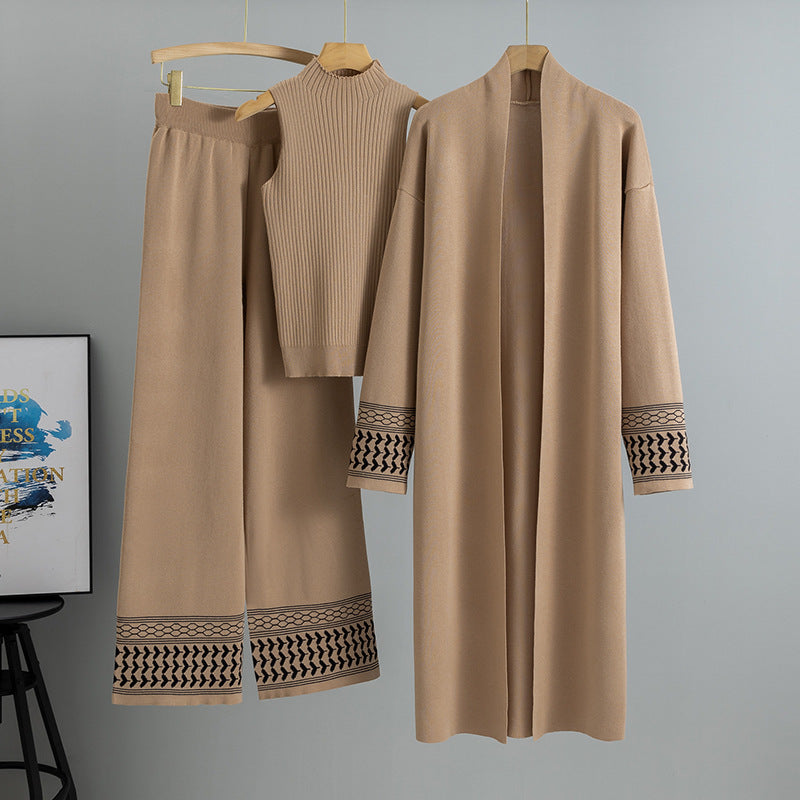 East Elegant Graceful Cardigan Robe Knitted Wide Leg Pants Three-piece Set