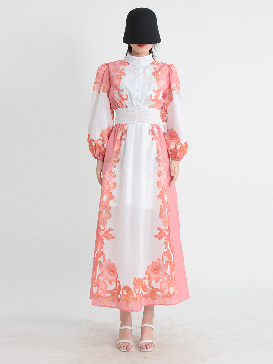 Robe trapèze d'été à col rond et manches longues, taille élastique et simple boutonnage pour femme
