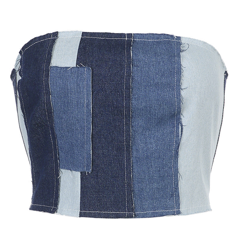 Denim Stitching Raw-edge Lace-up Tube Top T-shirt