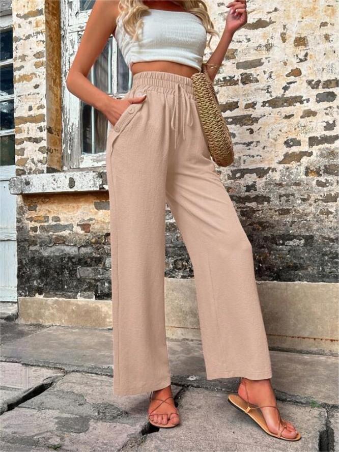 Pantalon décontracté avec poches et cordon élastique, taille haute, ample, pour femme