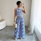 Plant-patterned Crew-neck Sleeveless Top And Wide-leg Pants Set With A Printed Design