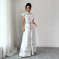 Women's Retro Printed Long-Sleeve Waist-Cinching Single-Breasted Stand-Neckline Dress