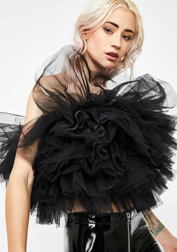 Ladies Fashion Mesh Slip-Neck Puff Top