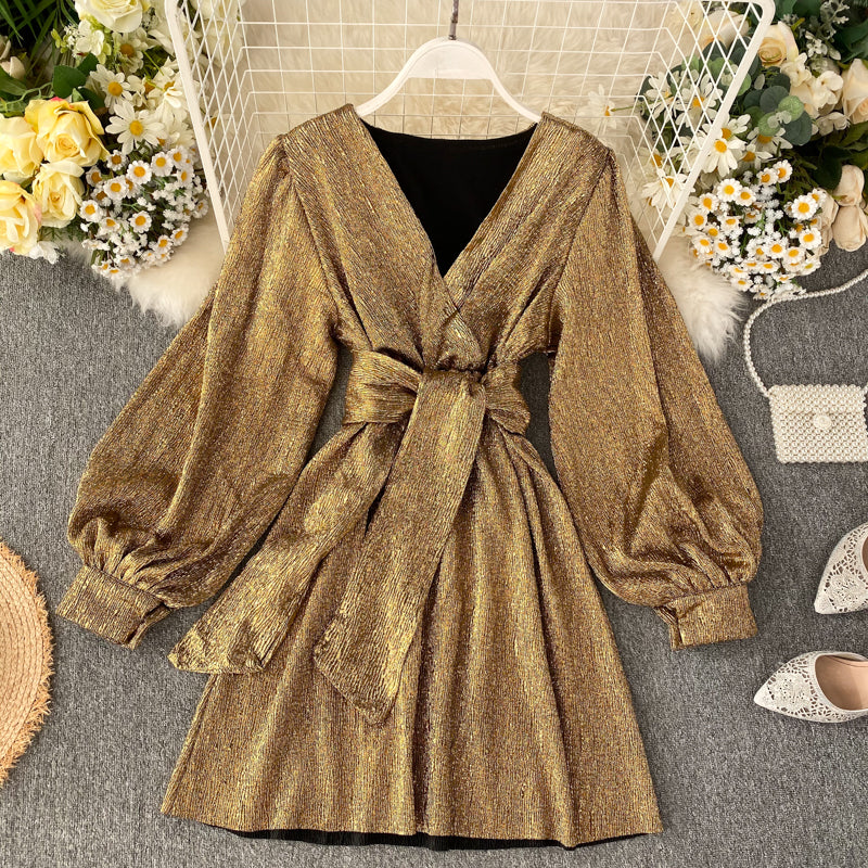 New Spring Summer V-neck Lantern-Sleeve Gold Metallic Sheer Waist-Cinched Dress