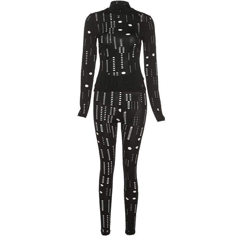 Women's New Cutout Ripped High Waist Tight Trousers Leisure Sports Suit Women
