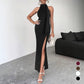 Backless Lace Up High Slit Sleeveless Dress