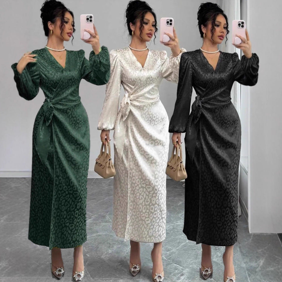Long-sleeve Dress Leopard-print Jacquard Dress