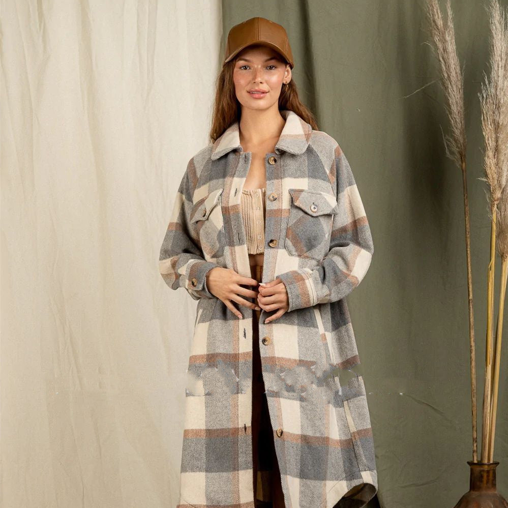 Large Pocket Long Sleeve Long Plaid Jacket Cardigan