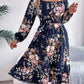 Elegant Flowers Square Collar Long Sleeve Waist Trimming Ruffles A- Line Skirt