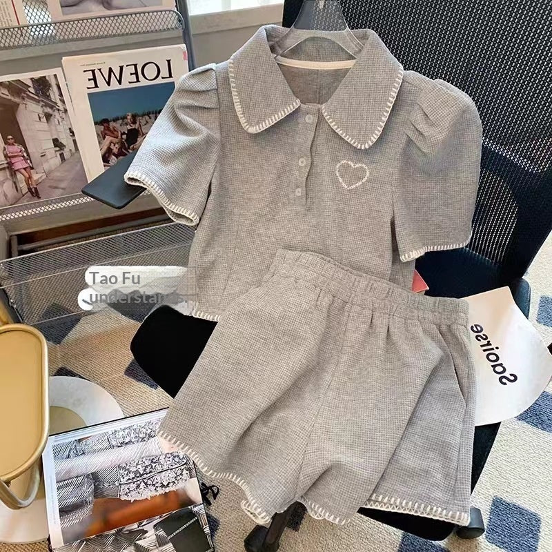 Short-sleeve Collared Sports Top And Shorts Two-piece Set