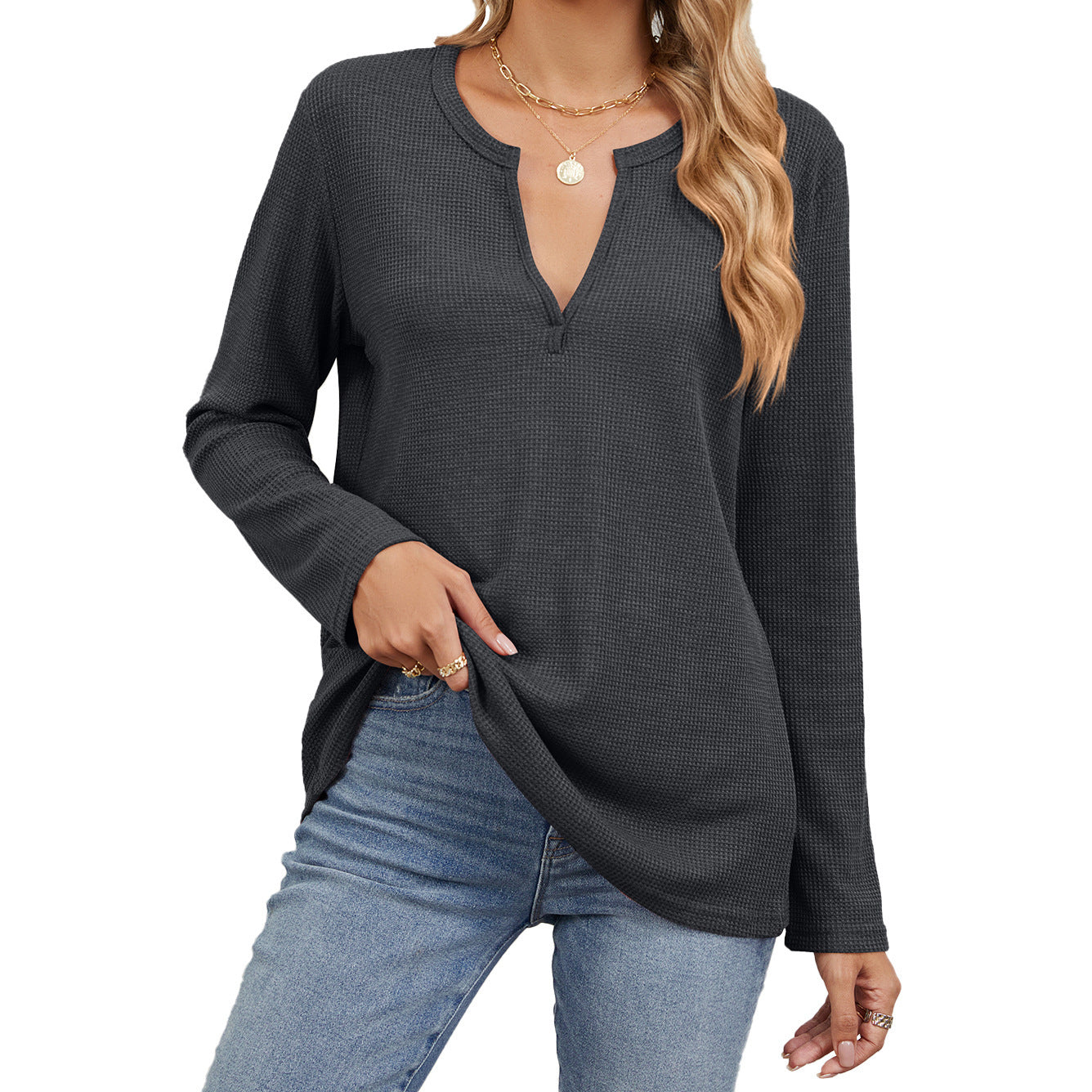 Loose-fitting V-neck Long Sleeves T-shirt Top For Women