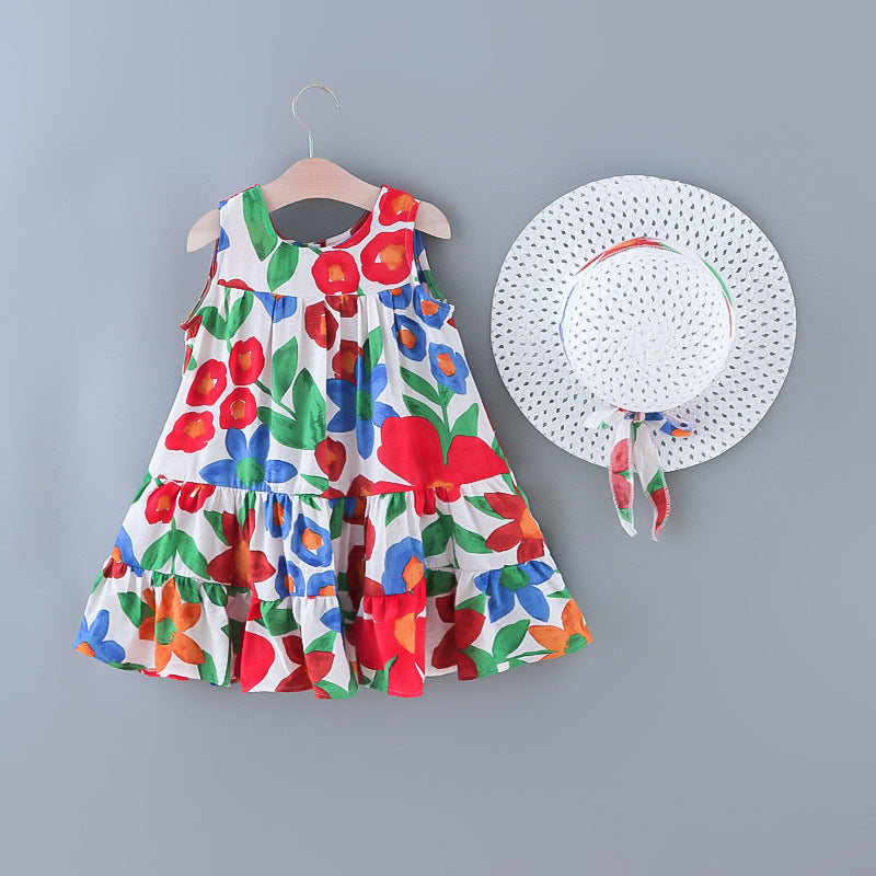 Robe d'été sans manches à col rond pour filles, couleur unie