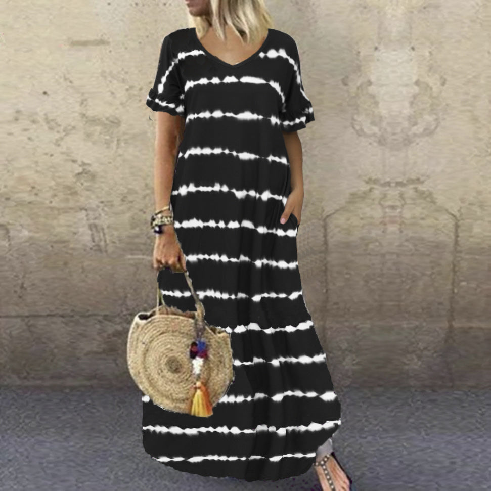 V-neck Ruffled Sleeve Striped Print Dress