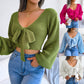 Trendy Bow Knot V-Neck Lantern Sleeve Cropped Sweater