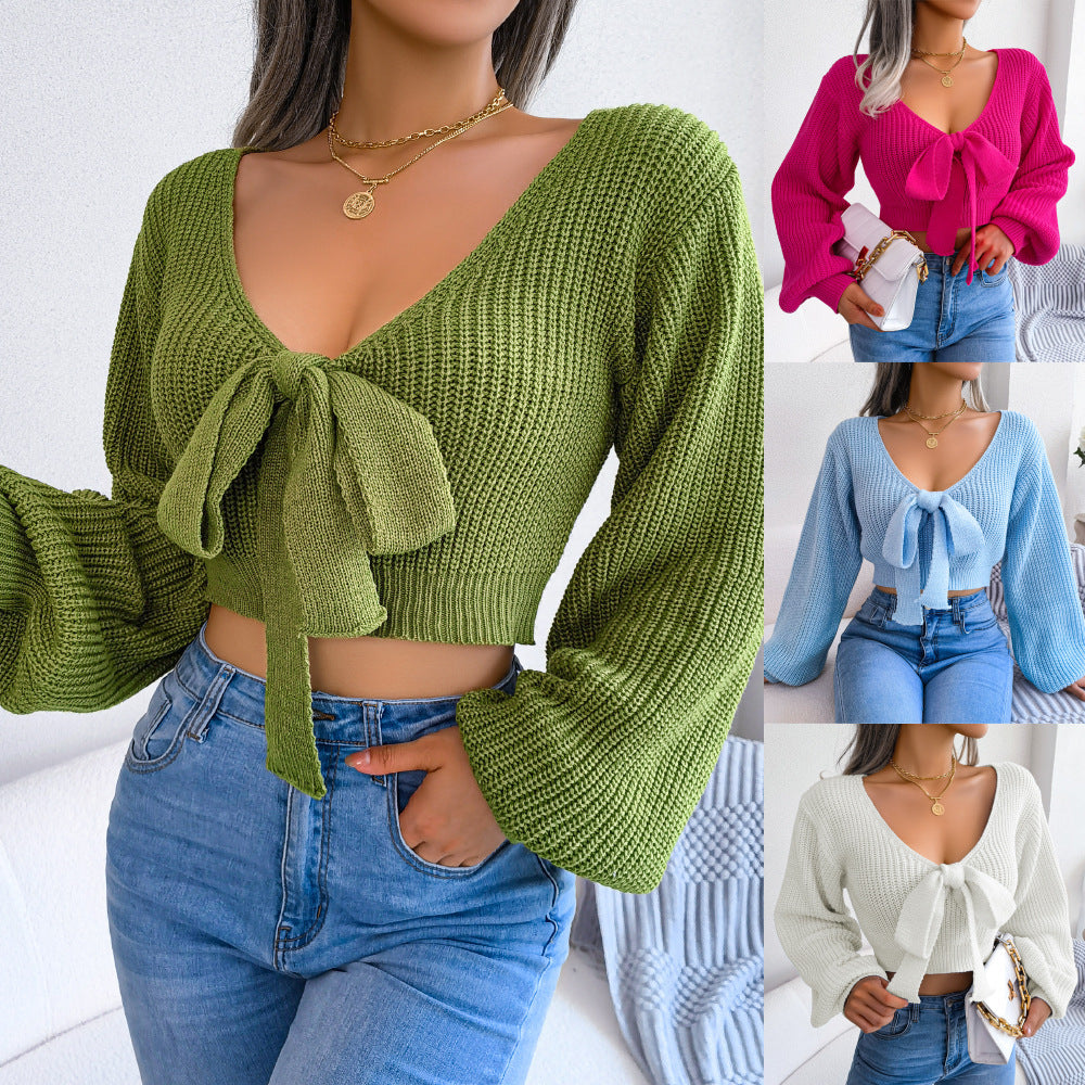 Trendy Bow Knot V-Neck Lantern Sleeve Cropped Sweater