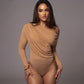 Off-the-shoulder Diagonal Neckline Fitted Long-sleeve Ruffled Bodysuit