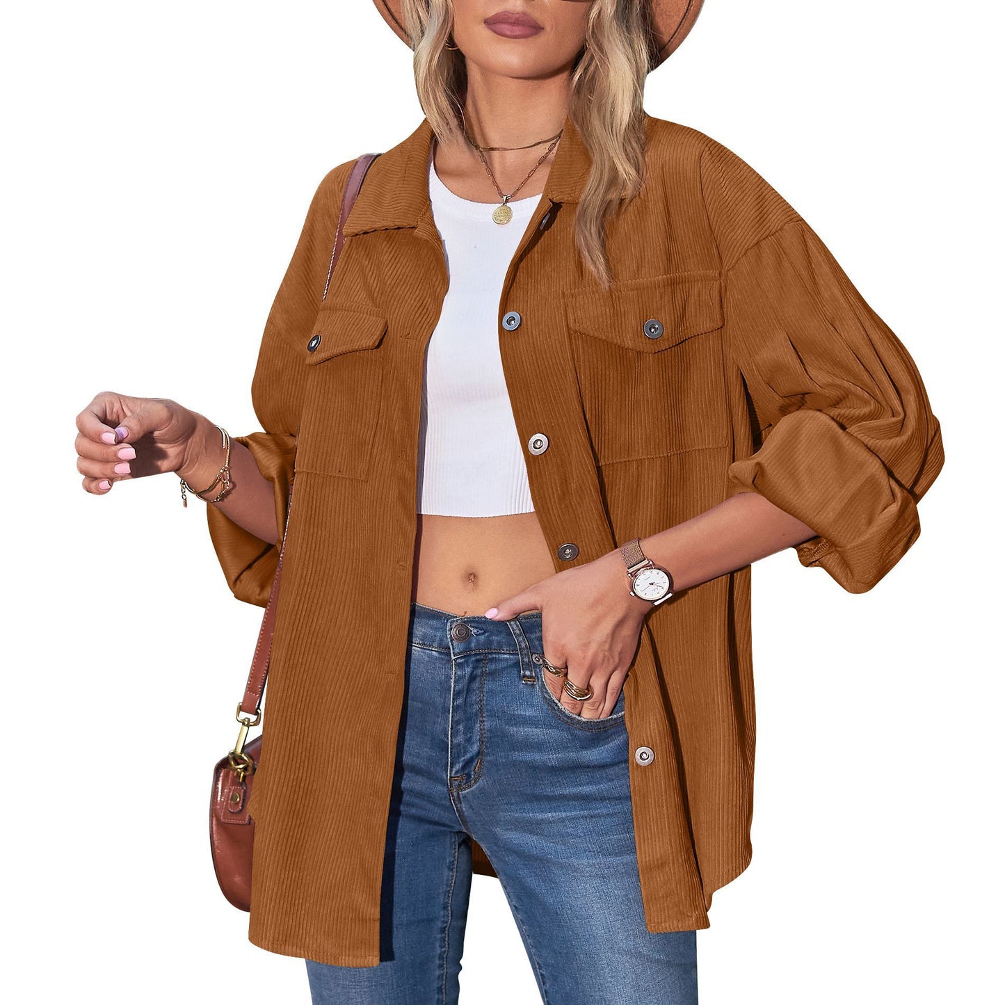 Casual Loose Lantern Sleeve Corduroy Shirt