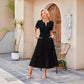 V-neck Hollow Pleated Short Sleeves Long Dress