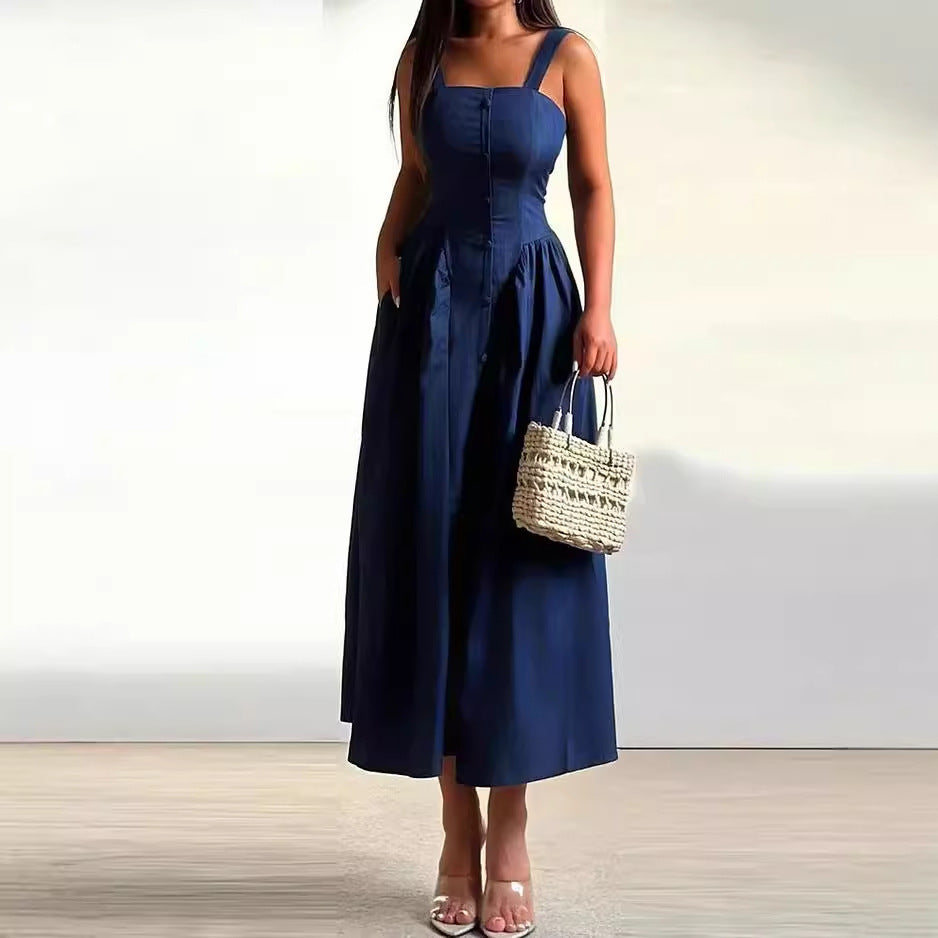 New Women's Fashion Casual Sleeveless Solid Color Waist Tight Dress