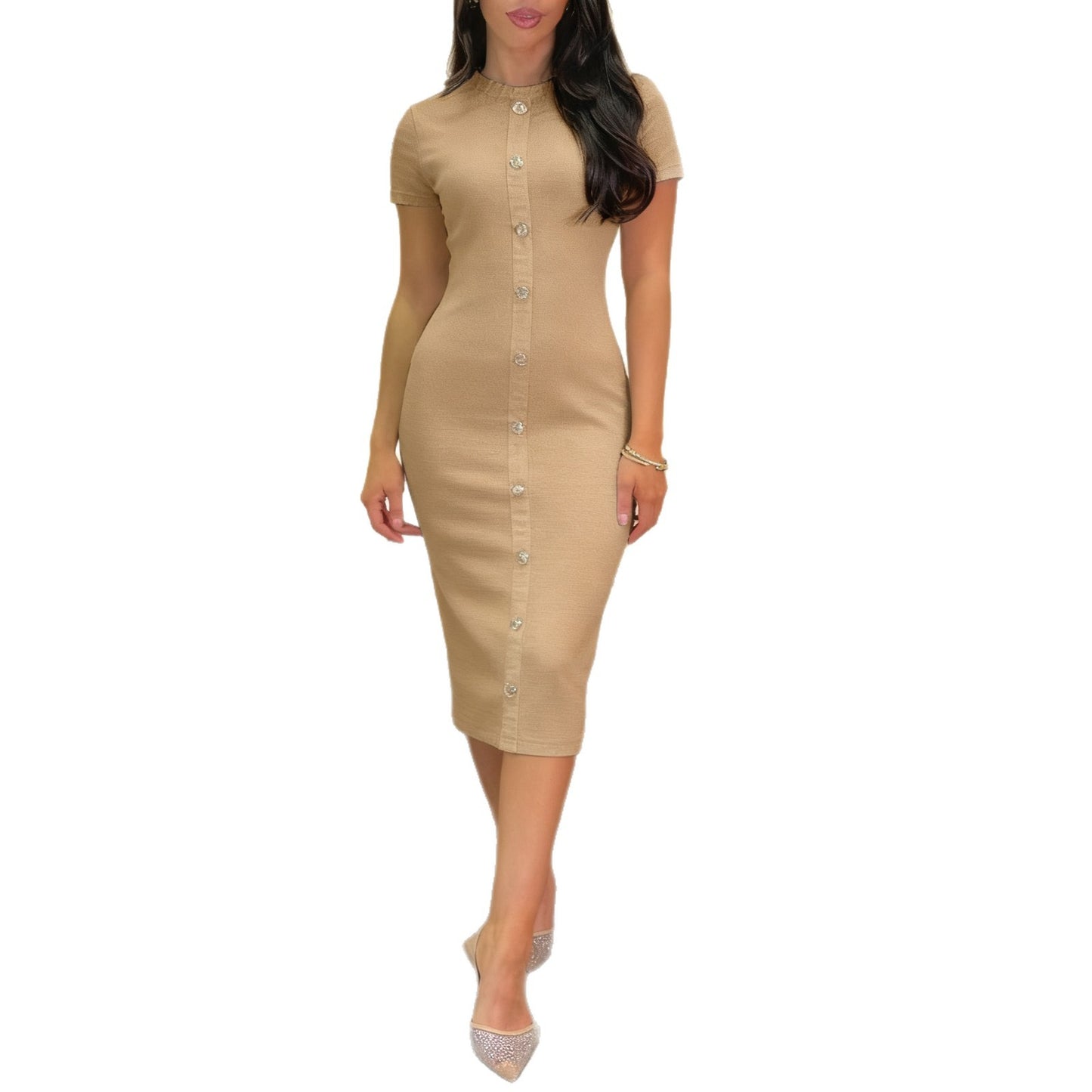 Elegant And Sophisticated Buttoned Short-Sleeve Sheath Dress For Women