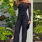 Black Eyelash Lace Off-shoulder Long Sleeve Tight Jumpsuit