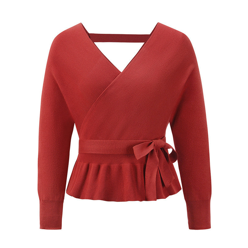 Ladies Autumn Winter Short Pullover V-Neck Knitted Top