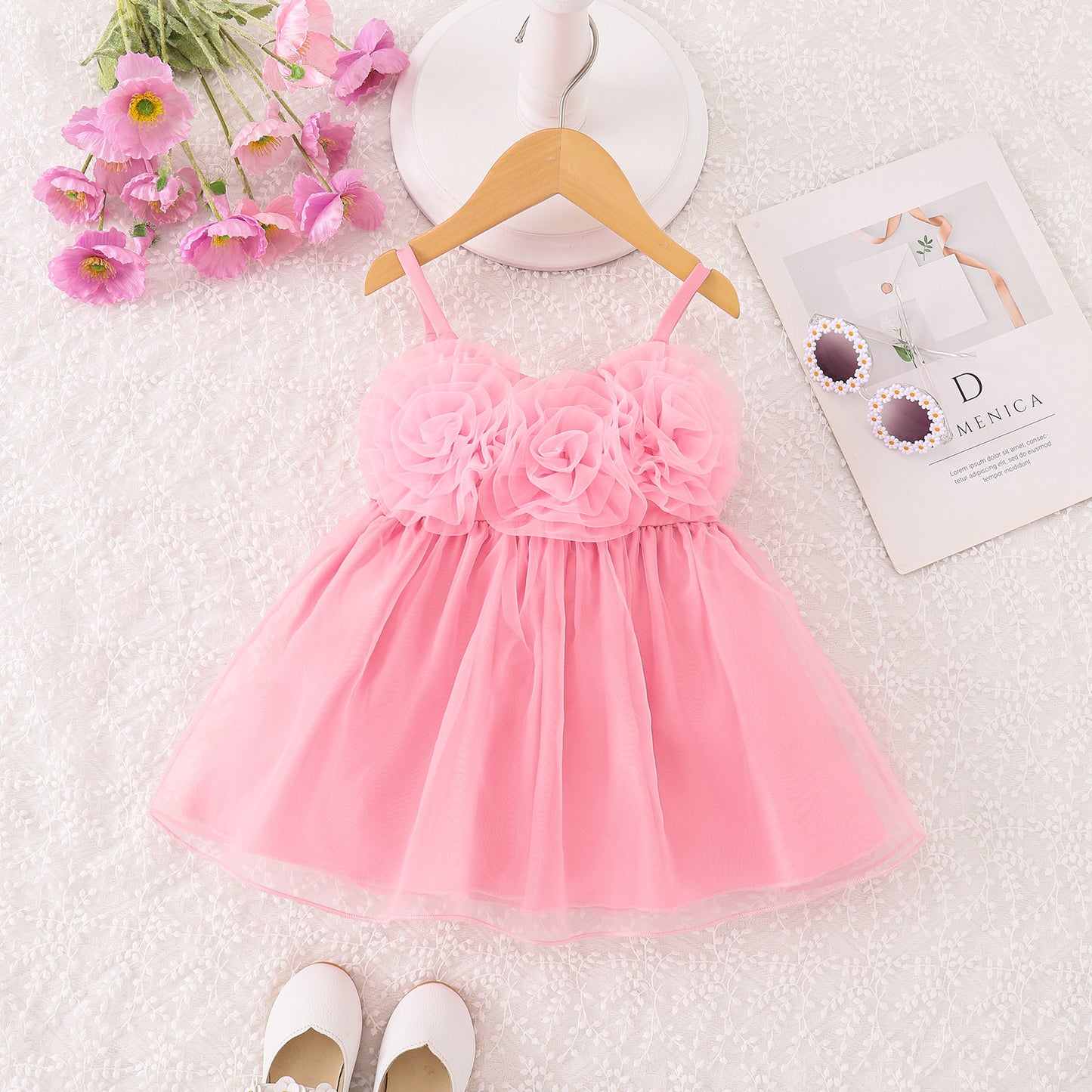 Floral Mesh Straps Girls Princess Dress