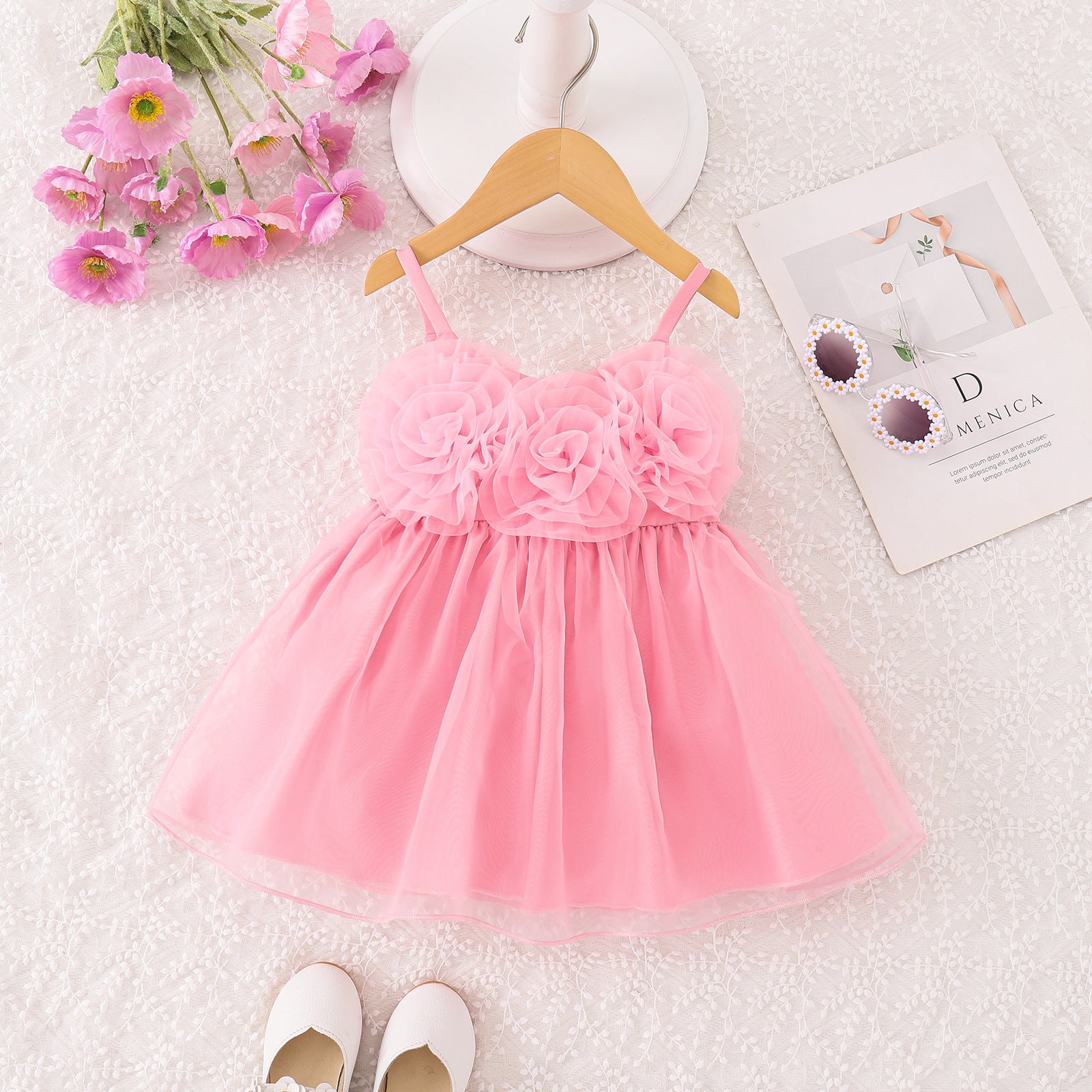 Floral Mesh Straps Girls Princess Dress