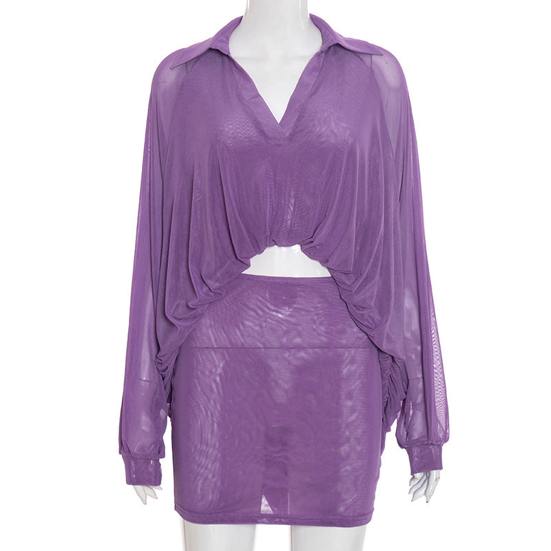 Mesh Bubble Hem Shirt Dress Set