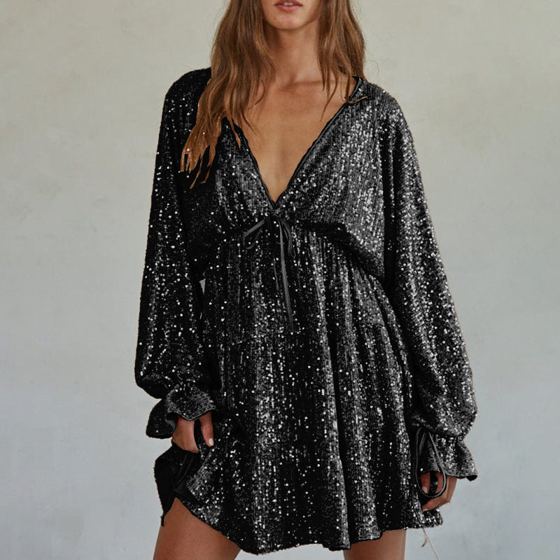 Robe drapée à lacets et col en V à paillettes pour femme
