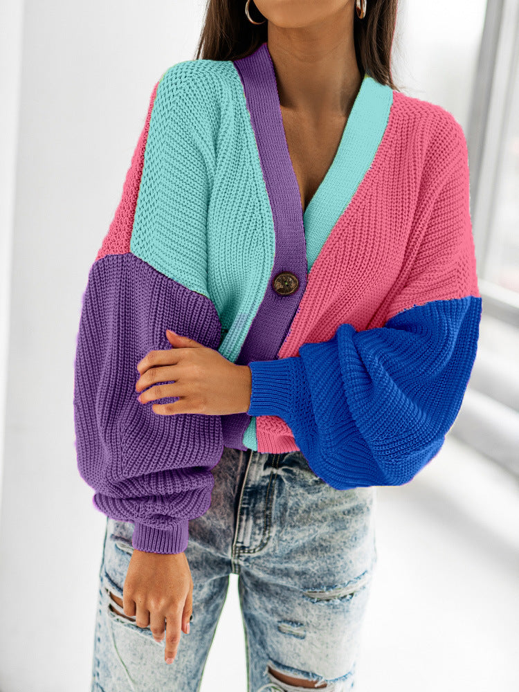 Casual Color Matching Bright Women's Woolen Long-sleeved Cardigan