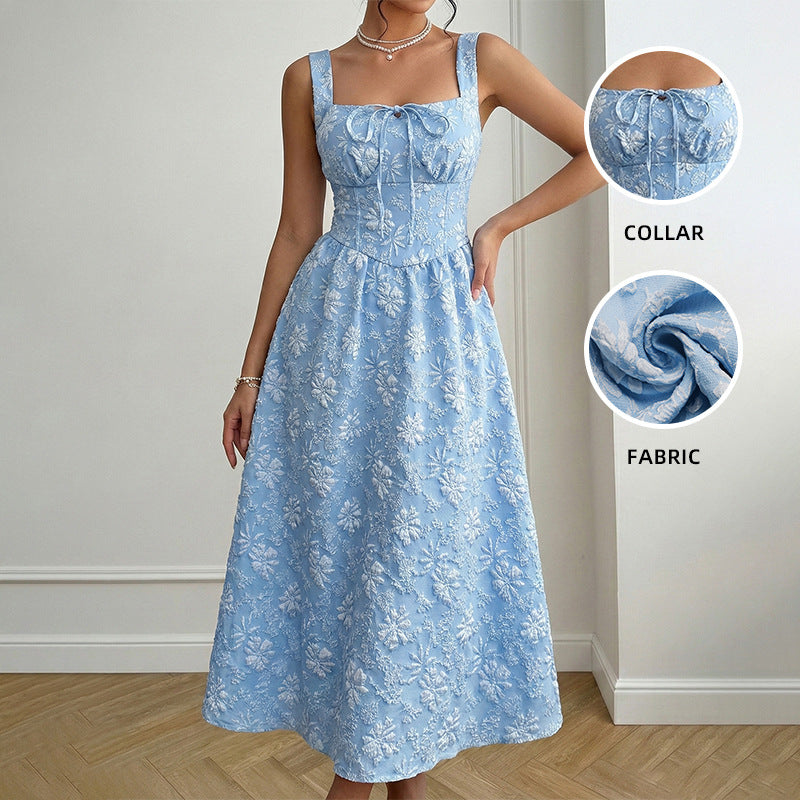SpringSummer New Blue Jacquard Square-Neck French-Style Dress