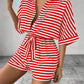 Striped Lapel Cardigan Button Half Sleeve Belt Shorts Suit Jumpsuit
