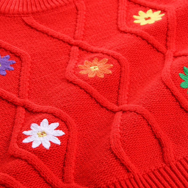 New Girls' Embroidered Flower Sweater Round Neck Children's Sweater 7-needle Single-layer Knitted Jacket