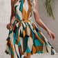 Printed Halterneck Off-Shoulder Lace-Up Waist Beach Pleated Skirt