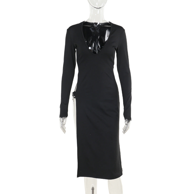 Elegant Slim Fit High Slit Deep V Long Sleeve Dress