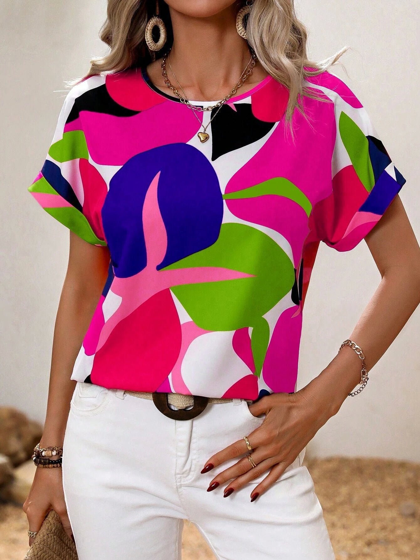 Summer New Fashion Printed Multi-color Round Neck Women's Short Sleeve