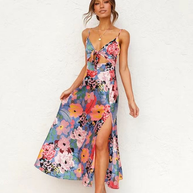 Robe de plage dos nu à bretelles pour femme, imprimée, avec nœud