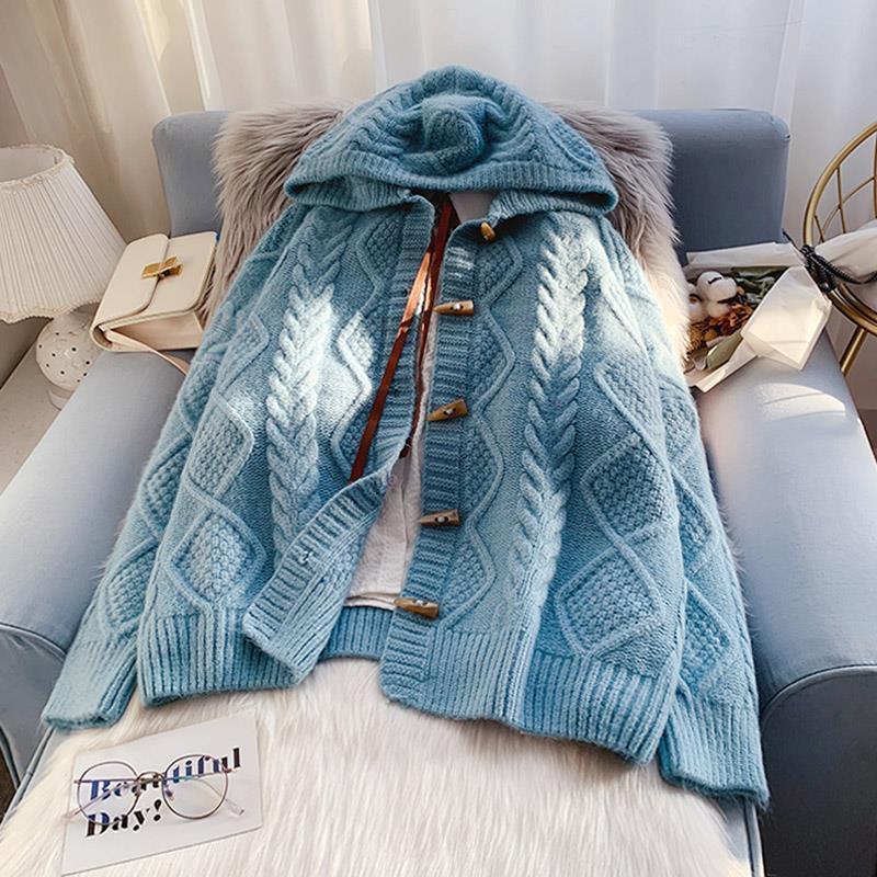 Horn Button Hooded Twist Sweater Jacket