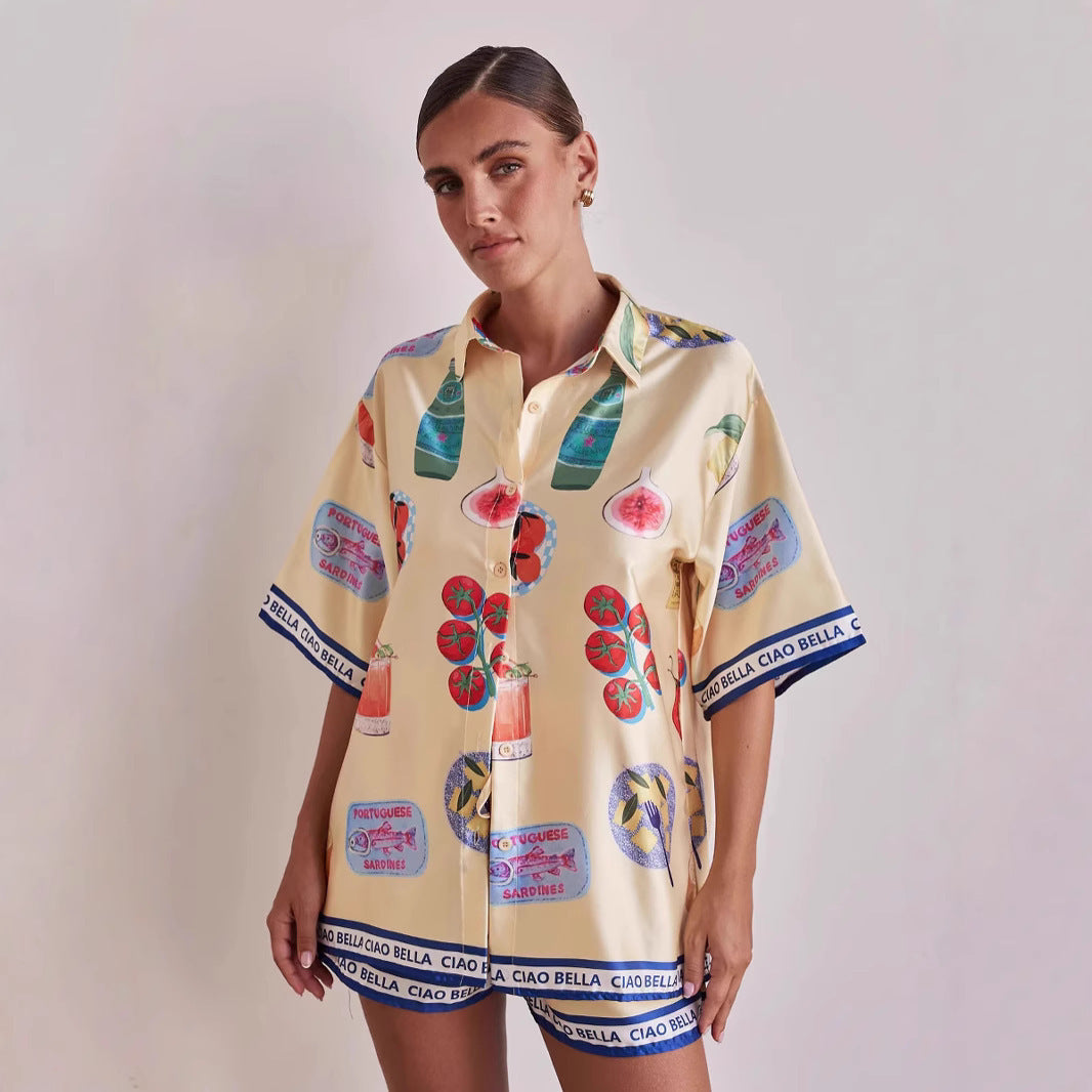 Casual Homewear Cartoon Lapel Cardigan Short Sleeve Shorts Suit